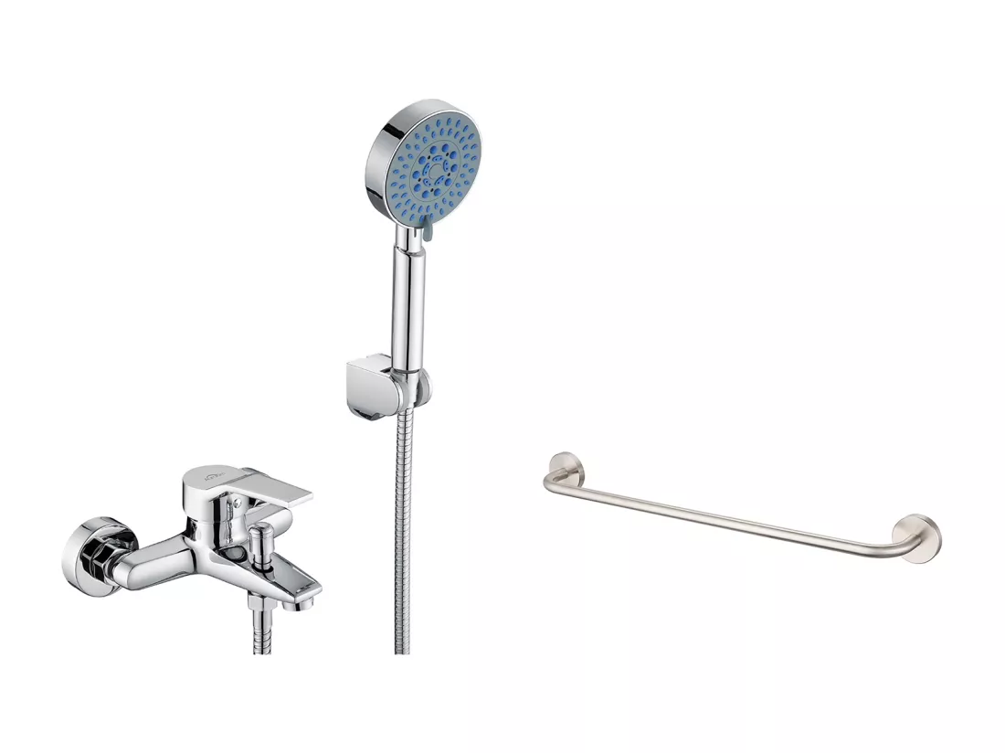 Mitigeur Baignoire Chromé,avec Douchette 5 Jets/Flexible de Douche (1.5m) Support+60cm Porte-Serviettes Salle Bain Auto-adhésif/Perçage,Inox