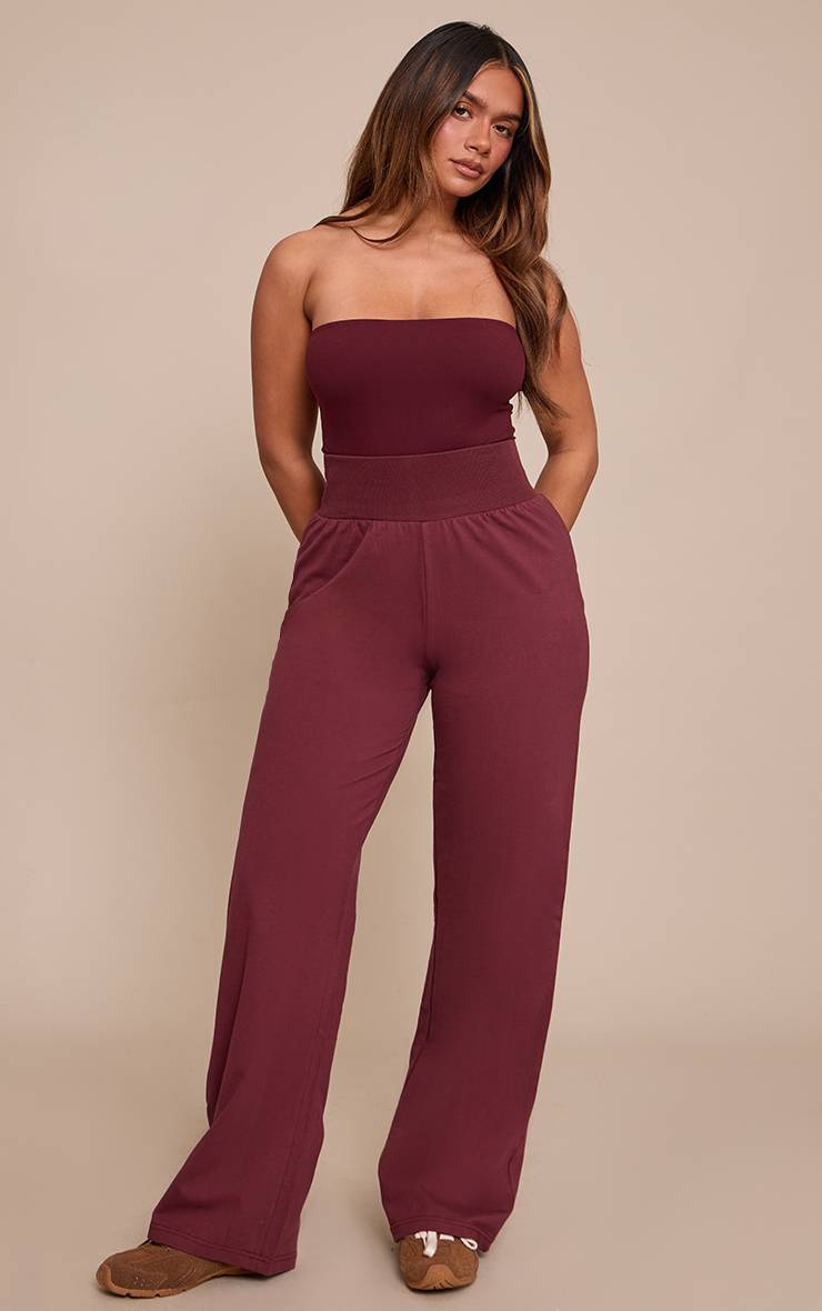 Rouge Bordeaux Pantalon Large Taille Haute Shape Coordonné