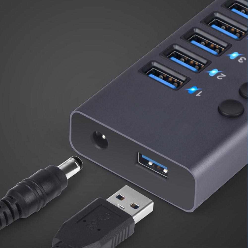 10-fach Aktiver Aluminium USB 3.0 Hub Steuerung Tastenschalter 300Mb/s   Netzteil (12V/5A) - Schwarz
