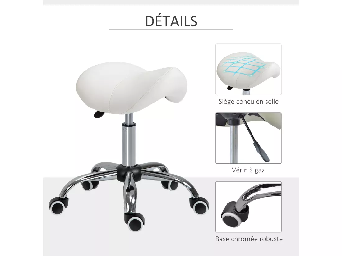 HOMCOM Tabouret de massage tabouret selle ergonomique pivotant 360° hauteur réglable revêtement synthétique blanc chromé