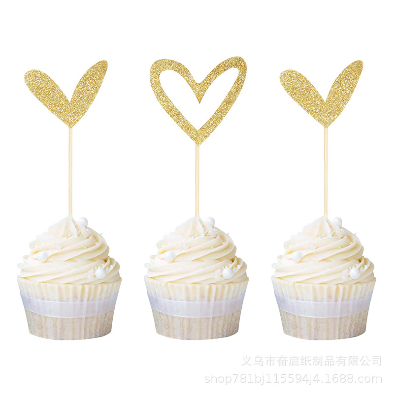 (24-tlg. Set) Kuchenstecker Glitzer Herz Tortenstecker Topper Dekoration für Torten / Kuchen - Gold