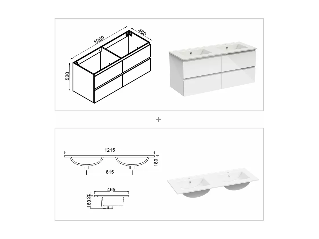AICA Ensemble meubles salle de bains blanc 120cm,lavabo+Miroir Lumineux antibuée,3 couleurs dimmable+mémoire