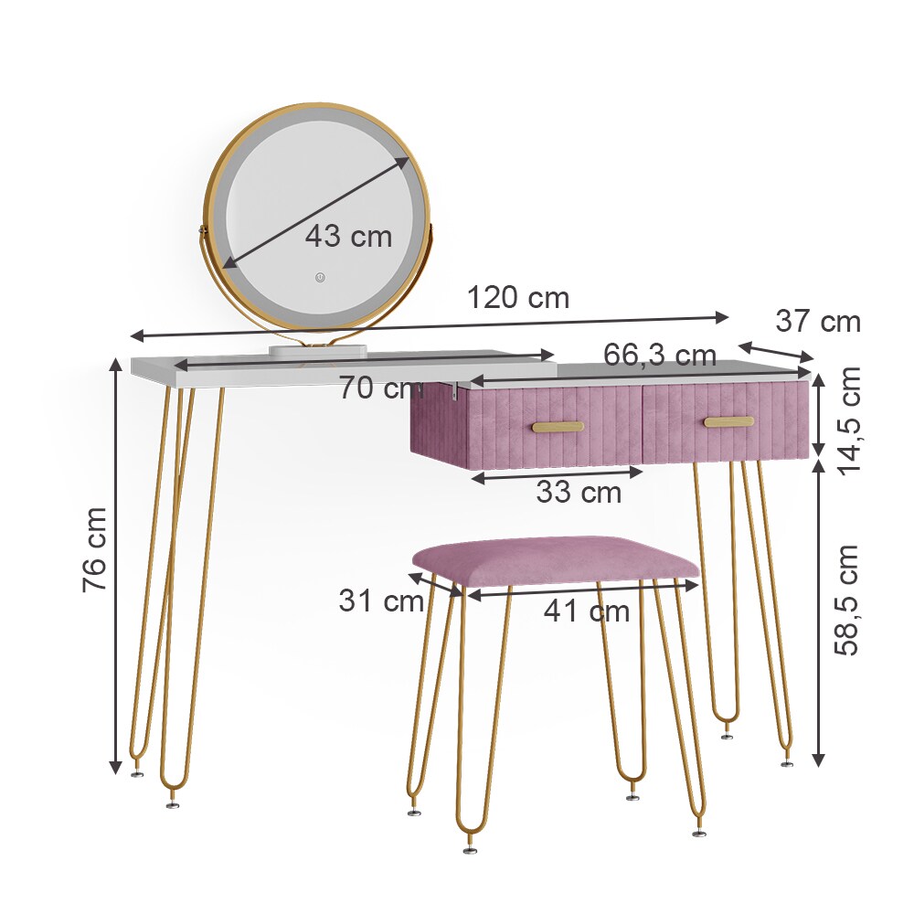 Vicco Schminktisch Frisiertisch Schminkkommode Zoey Weiß Rosa LED-Spiegel Design-Hocker 120x76 cm modern Schlafzimmer Kommode Schublade Ablage Aufbewahrung Touch-Switch Kosmetiktisch Make-Up-Tisch
