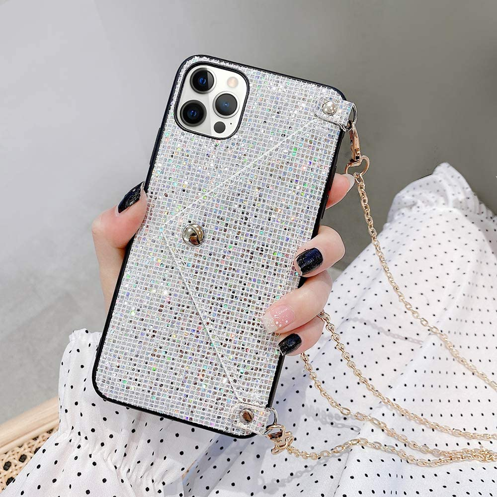 iPhone 14 Pro Necklace Schutz Hülle mit Kartenfach   Handykette (115cm) - Weiss (Glitzer)