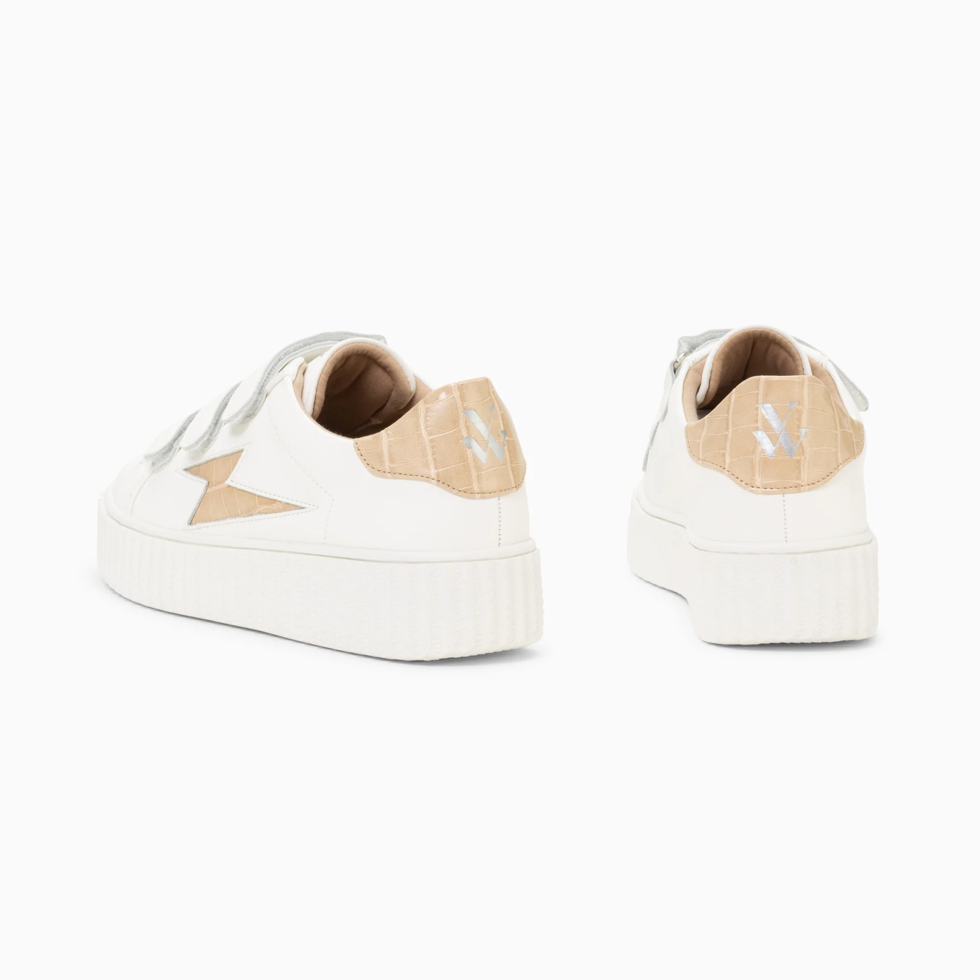 Sneakers-Baskets éclair Elsa blanc et beige croco à scratchs