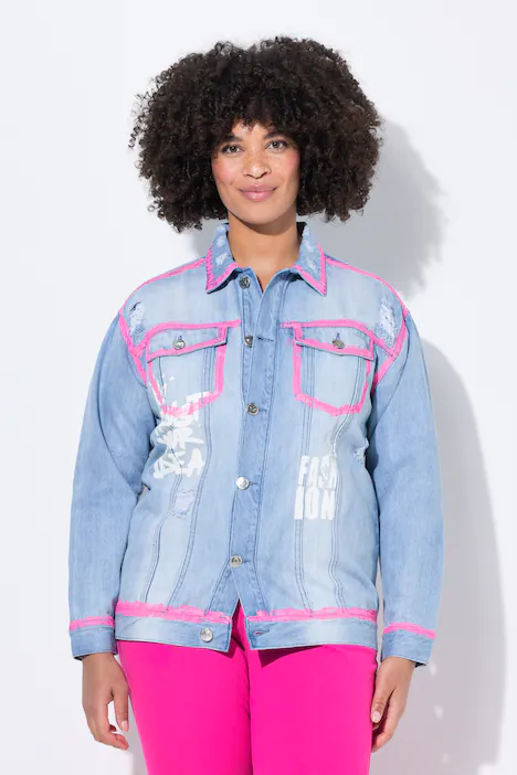 Jeansjacke, oversized, Schriftzug, Neon-Kanten, light blue