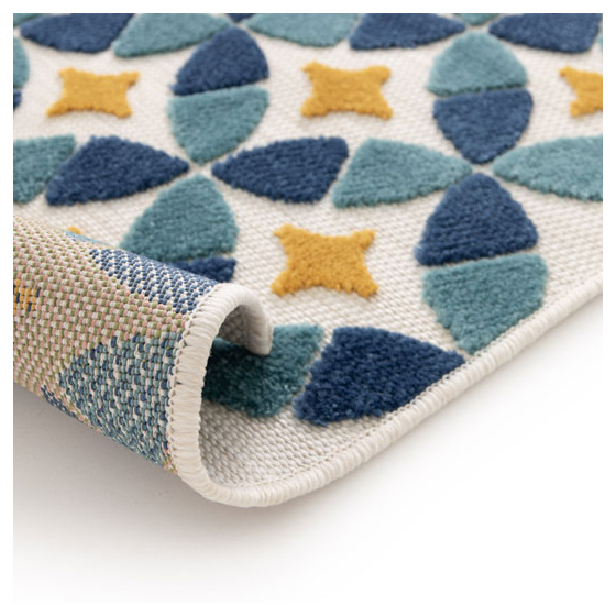 Tapis intérieur et extérieur motif géométrique - ambroise - bleu et jaune - 164 x 230 cm