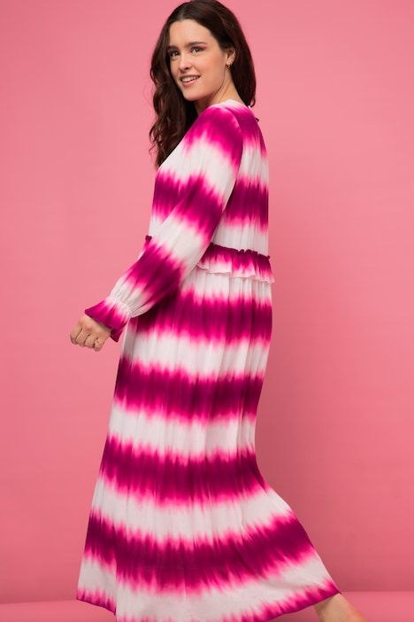 Maxikleid, A-Line, V-Ausschnitt, Rüsche, 3/4-Ärmel, BAtik