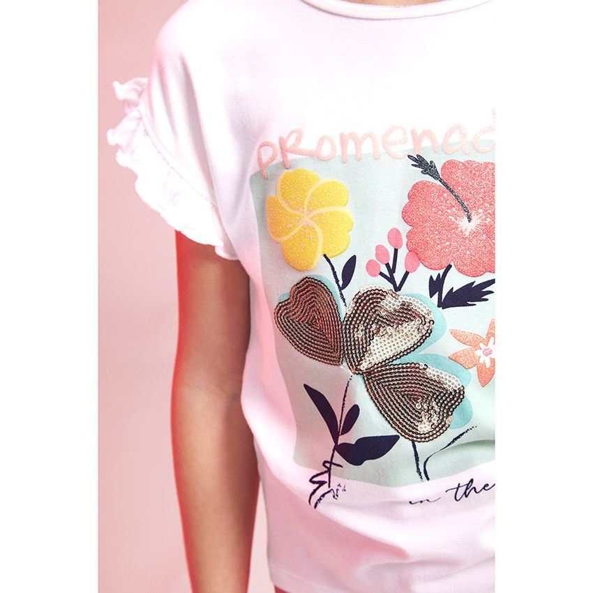 T-shirt manches courtes volantées avec print fantaisie pour fille - Blanc