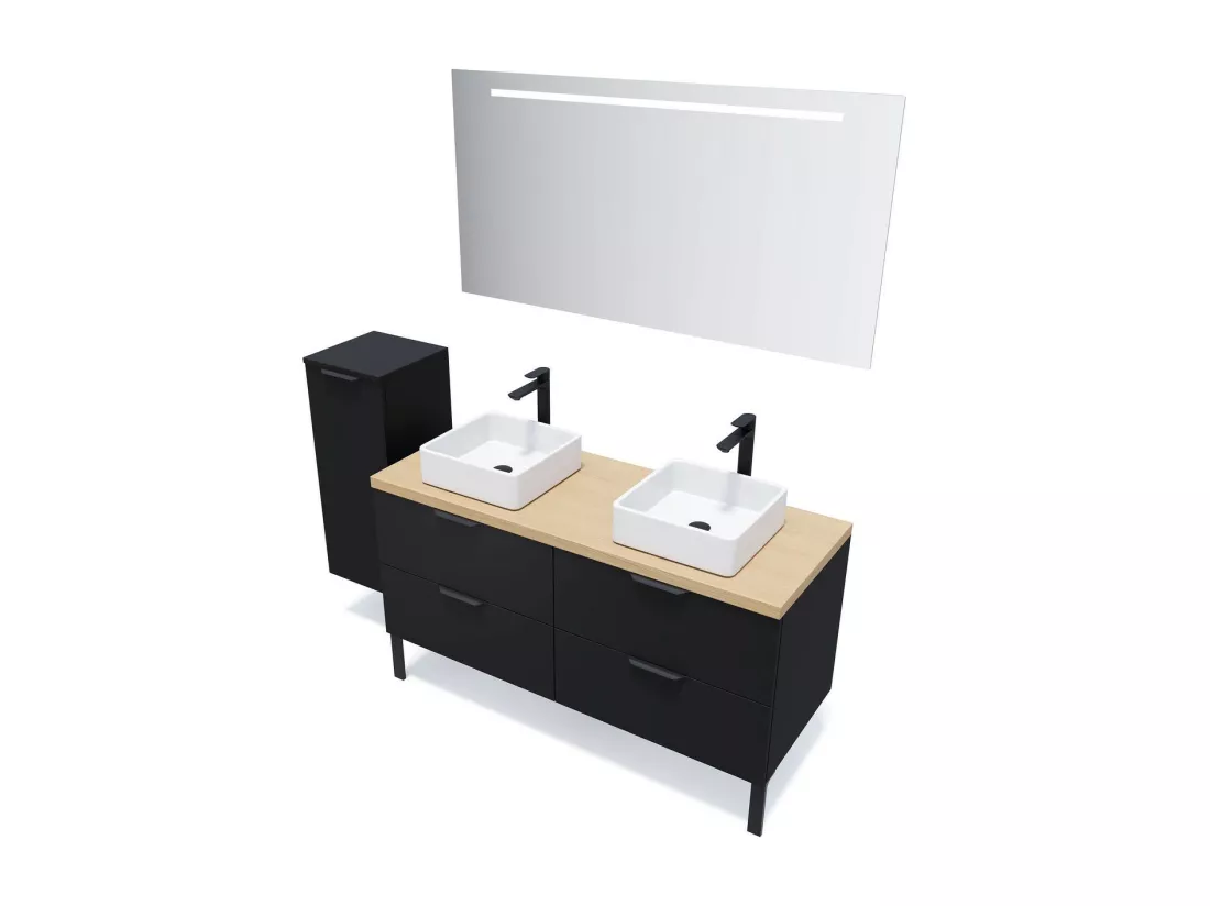 Meuble de salle de bain suspendu 2 vasques à poser 140cm 4 tiroirs Noir - Soho