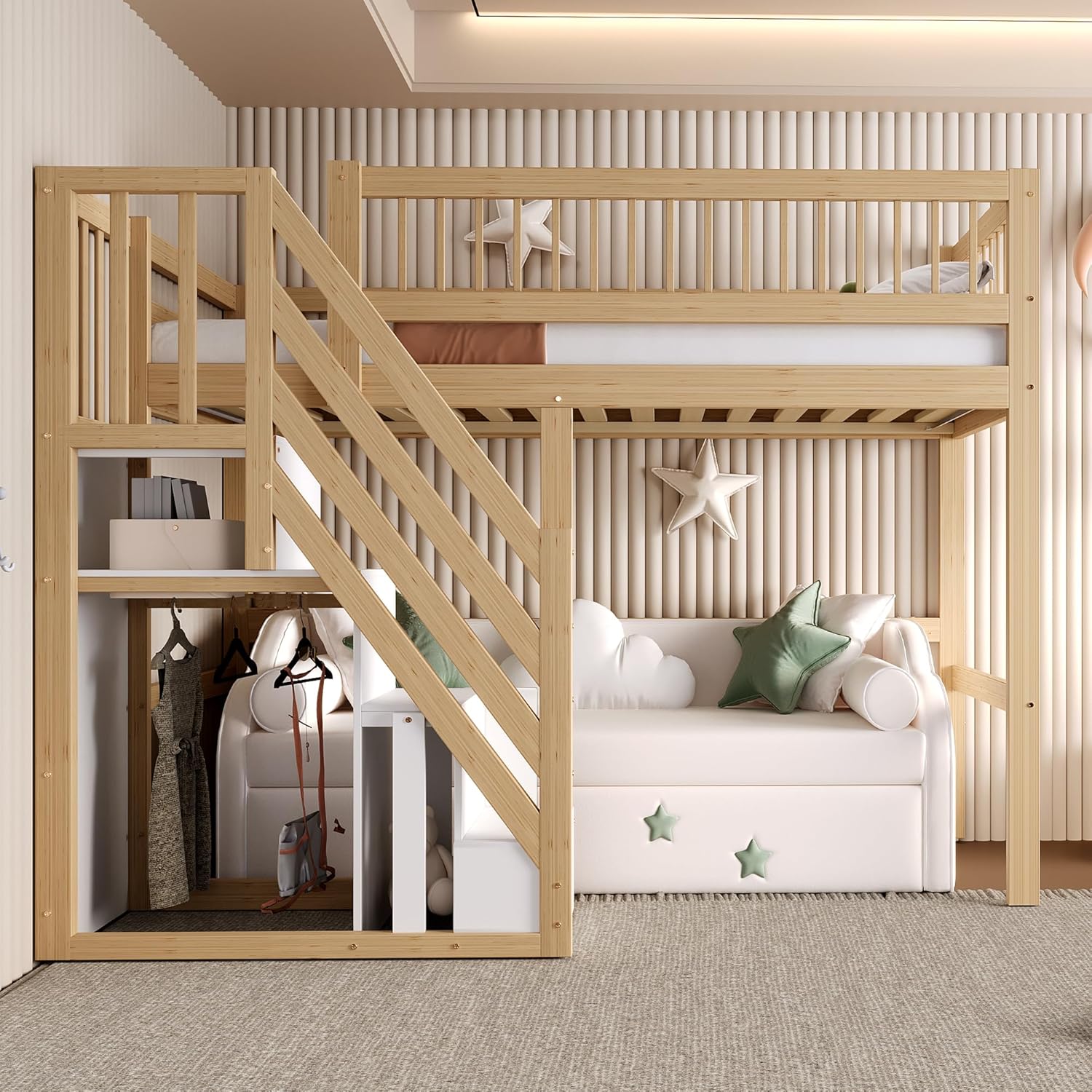 Etagenbett 90x200, Kinderbett Hochbett mit Treppe & Aufbewahrungsschrank, Massivholz Funktionsbett Einzelbett Stockbett Spielbett Kinderhochbett Jugendhochbett mit Lattenrost, Ohne Matratze,Holzfarbe