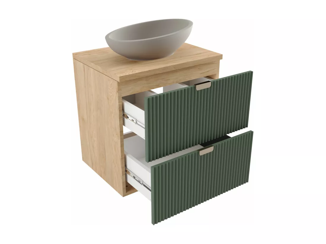 Meuble lavabo WENA, avec étagère, façades cannelées, Willy, 140x60x47 cm, Vert/Noyer