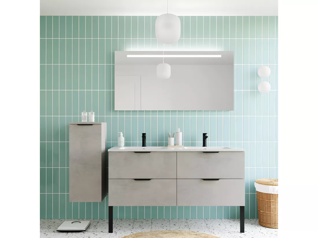 Meuble de salle de bain suspendu double vasque intégrée 140cm 4 tiroirs façon Béton - Soho
