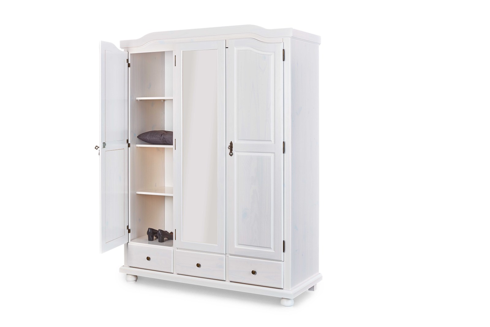 Kleiderschrank KAPPL - weiß - Kiefer Massivholz - 3-türig