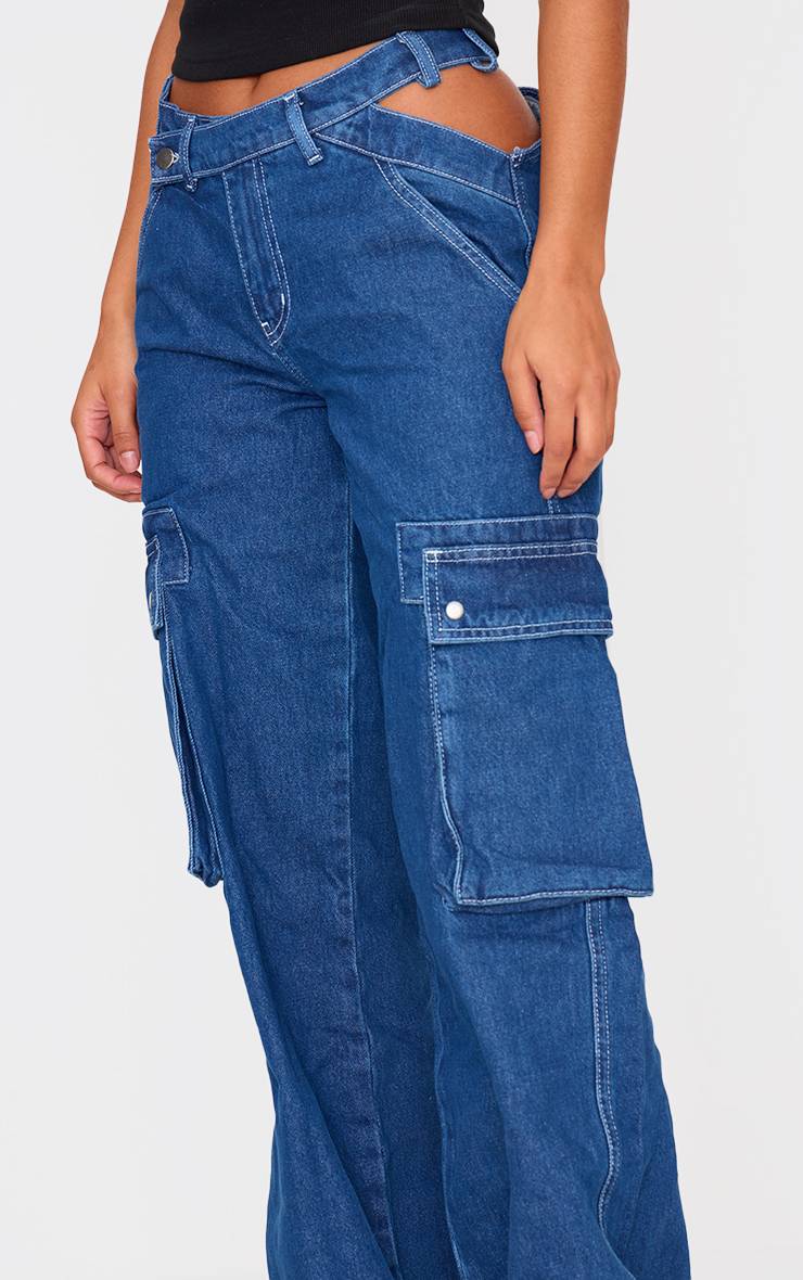 Bleu Indigo Jean Cargo À Taille Asymétrique Avec Découpes