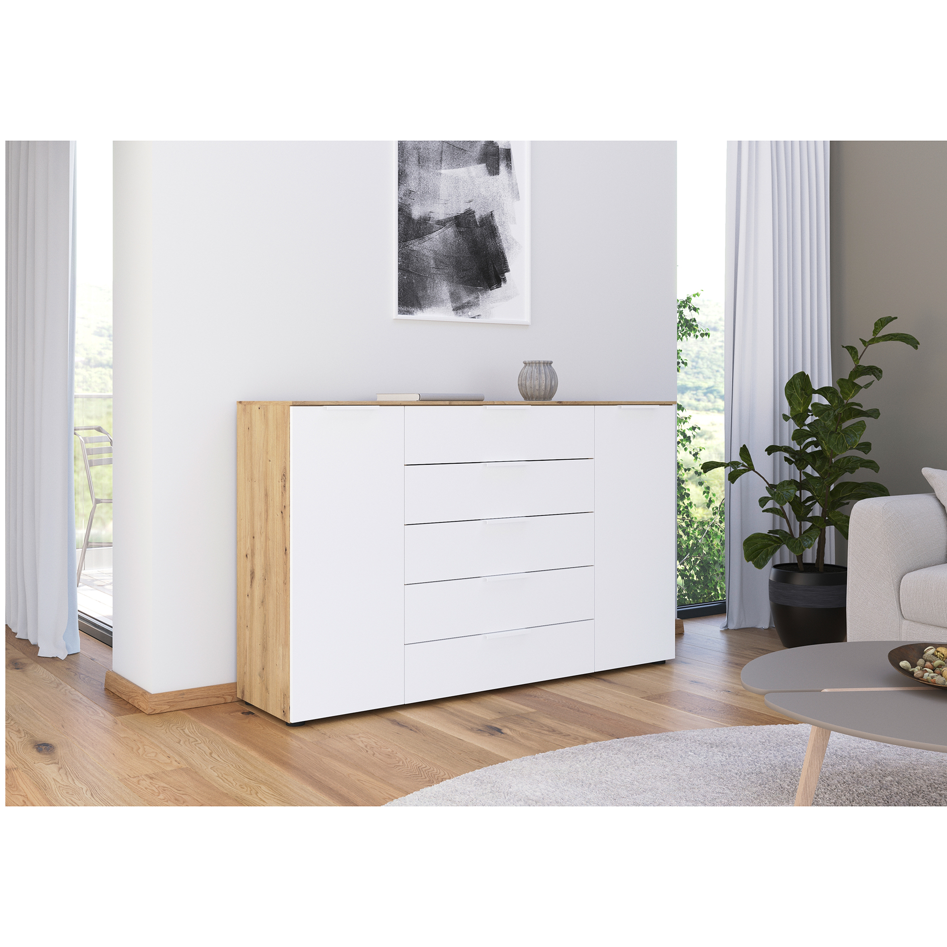 Kommode - Artisan Eiche-alpinweiß - weiße Griffe - 160 cm
