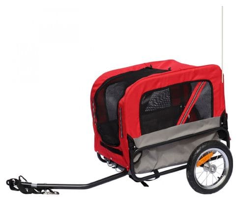 Remorque velo utilitaire maxi 40kg colori rouge avec roues 12  fixation axe de roue arriere - pour transport chien-bagage - 2 ouvertures (avant arrière)   bras supplementaire