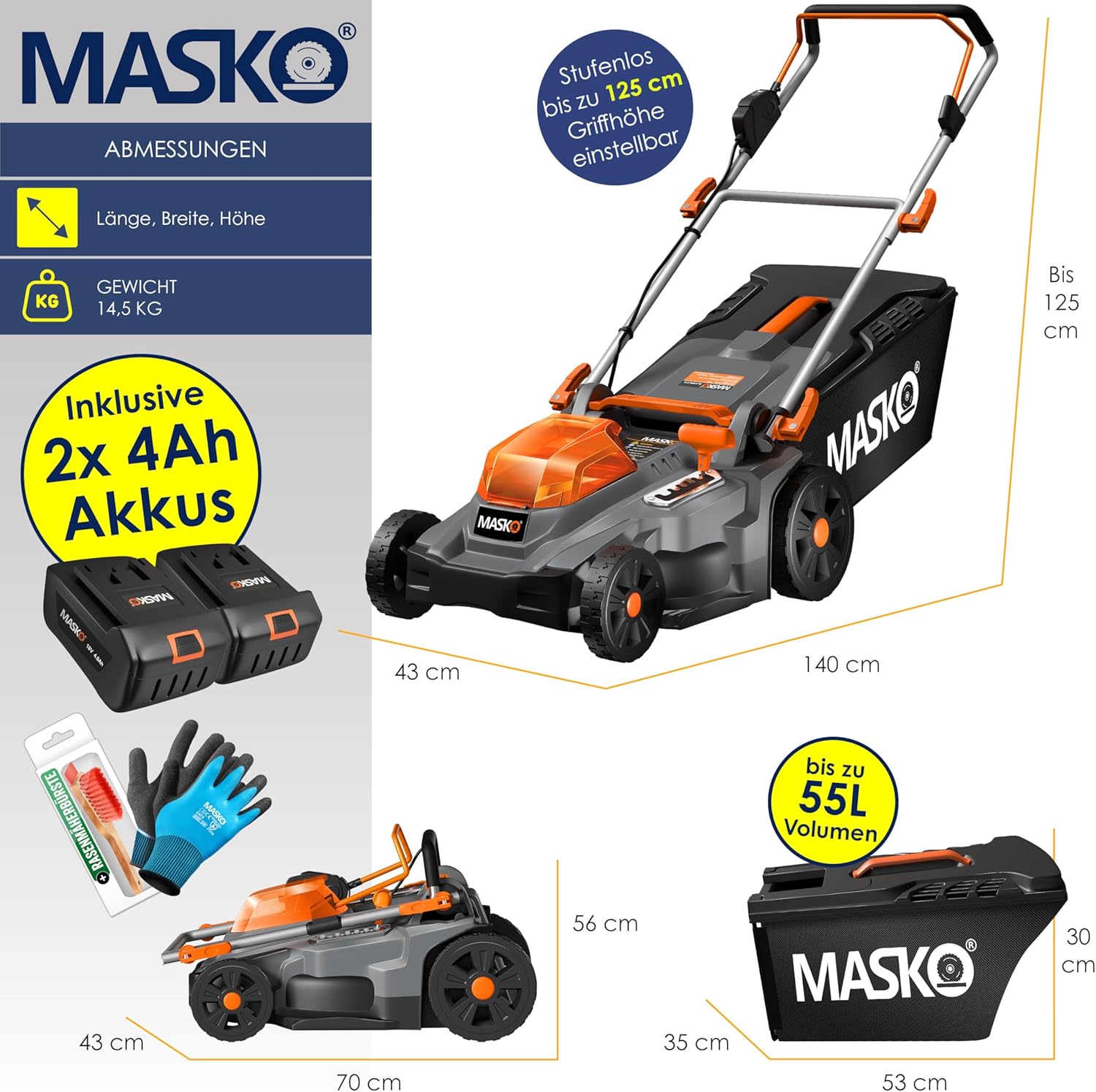 MASKO® Akku Rasenmäher mit Mulchfunktion, 2X Akkus Li-Ion Batterie 4Ah & Doppel-Ladegerät Rasentrimmer 43cm Schnitt-Breite 6X Höhenverstellbar 55L Fangkorb Flächen bis 650m² inkl. Handschuhe & Bürste
