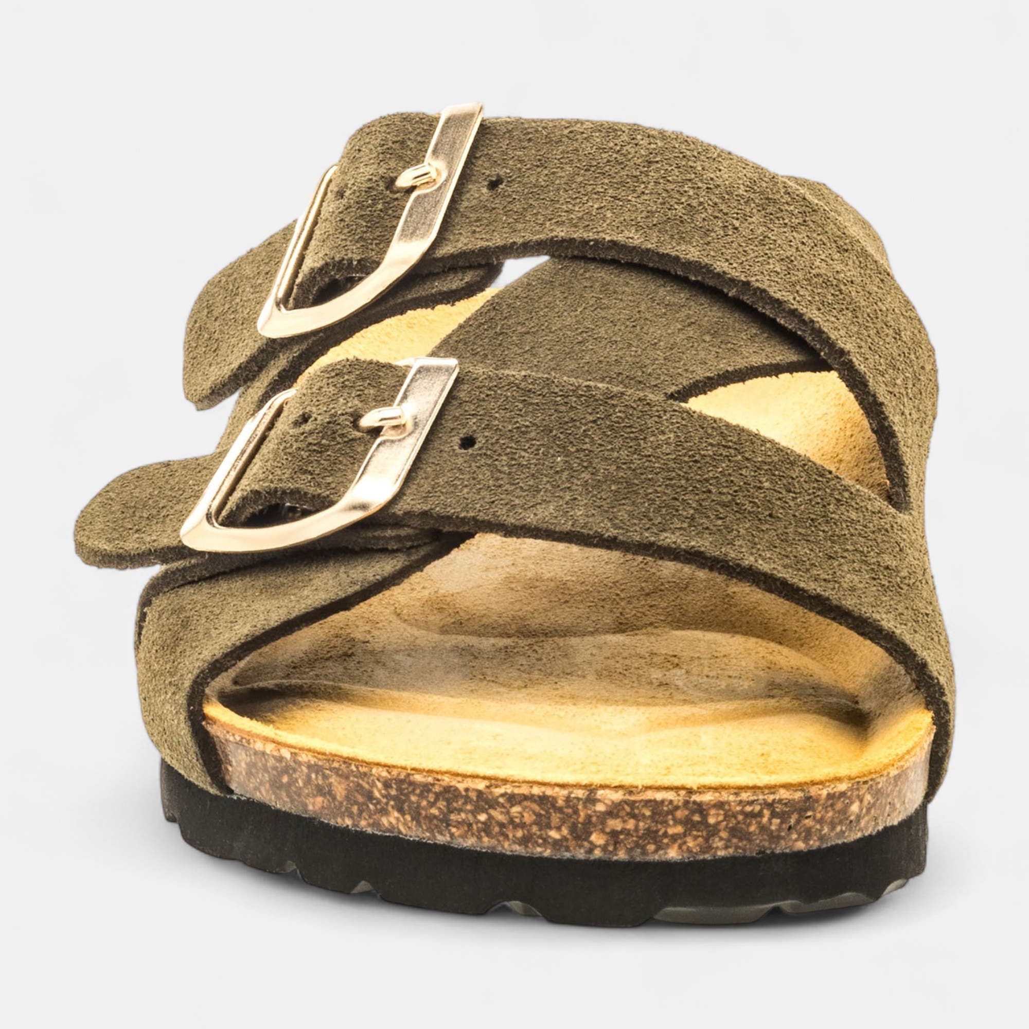 Mules semelle liège Femme en cuir kaki