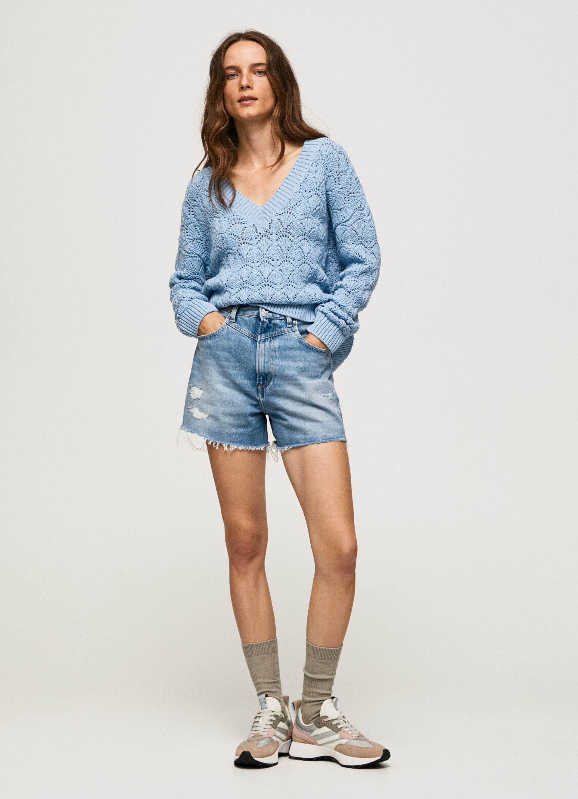 Camisa vazada, modelagem relaxada - Azul-marinho