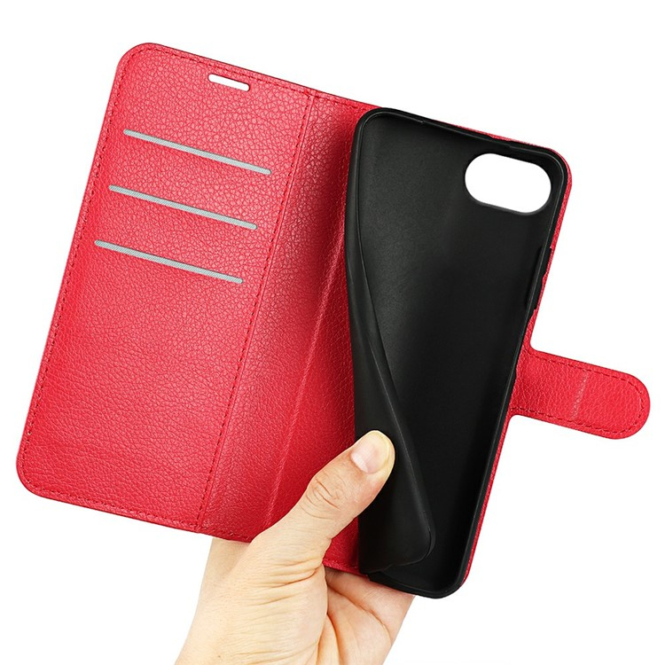 iPhone 16e Leder Tasche Flip Cover Litchi Look - Rot
