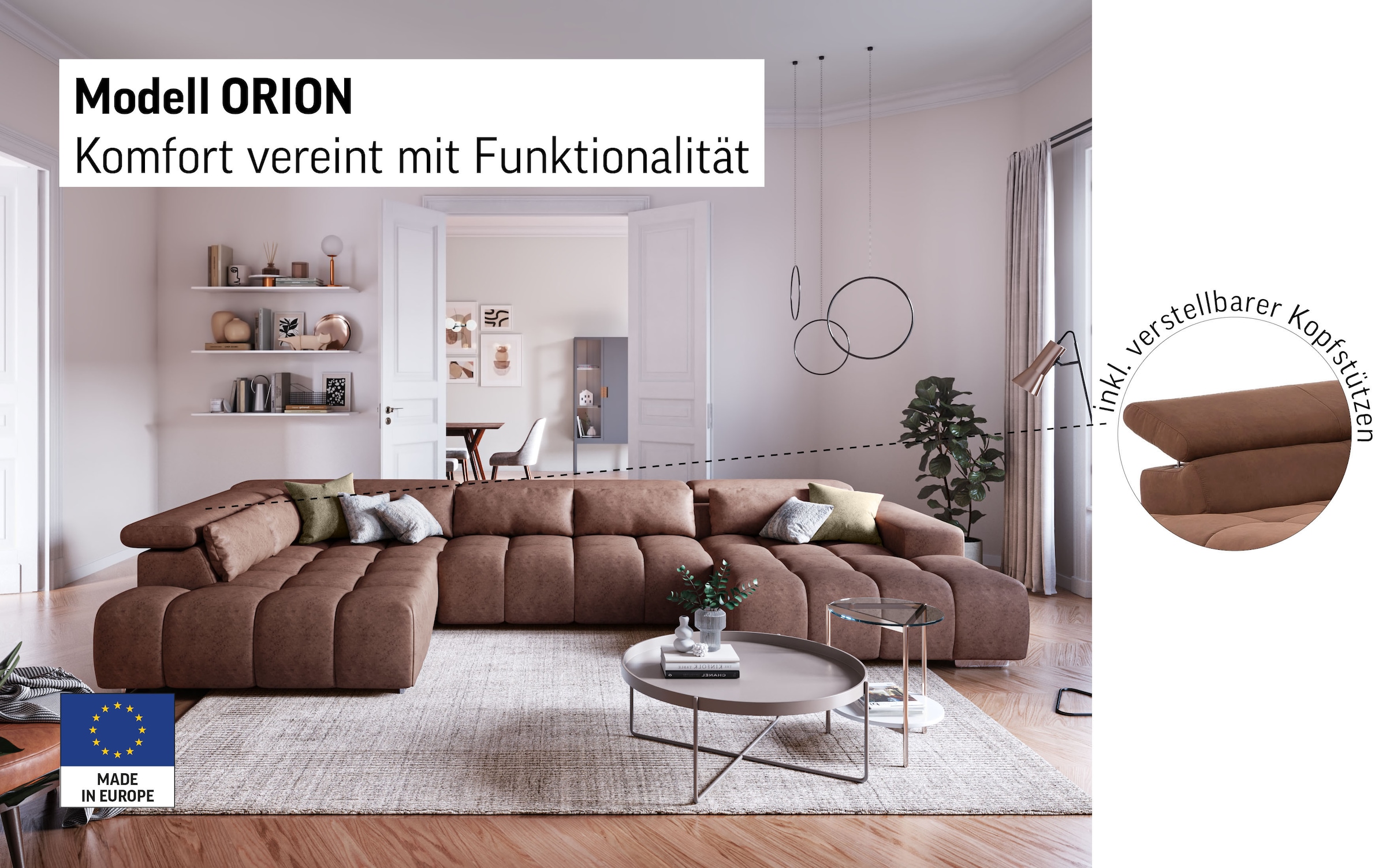 COTTA Wohnlandschaft »Orion U-Form« mit Kopfteilverstellung & 6 Nierenkissen