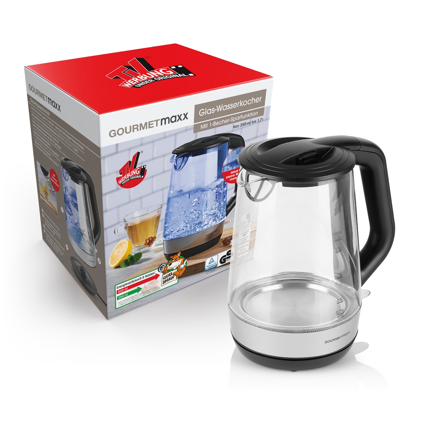 GOURMETmaxx Glas-Wasserkocher Tasse für Tasse 1,7l