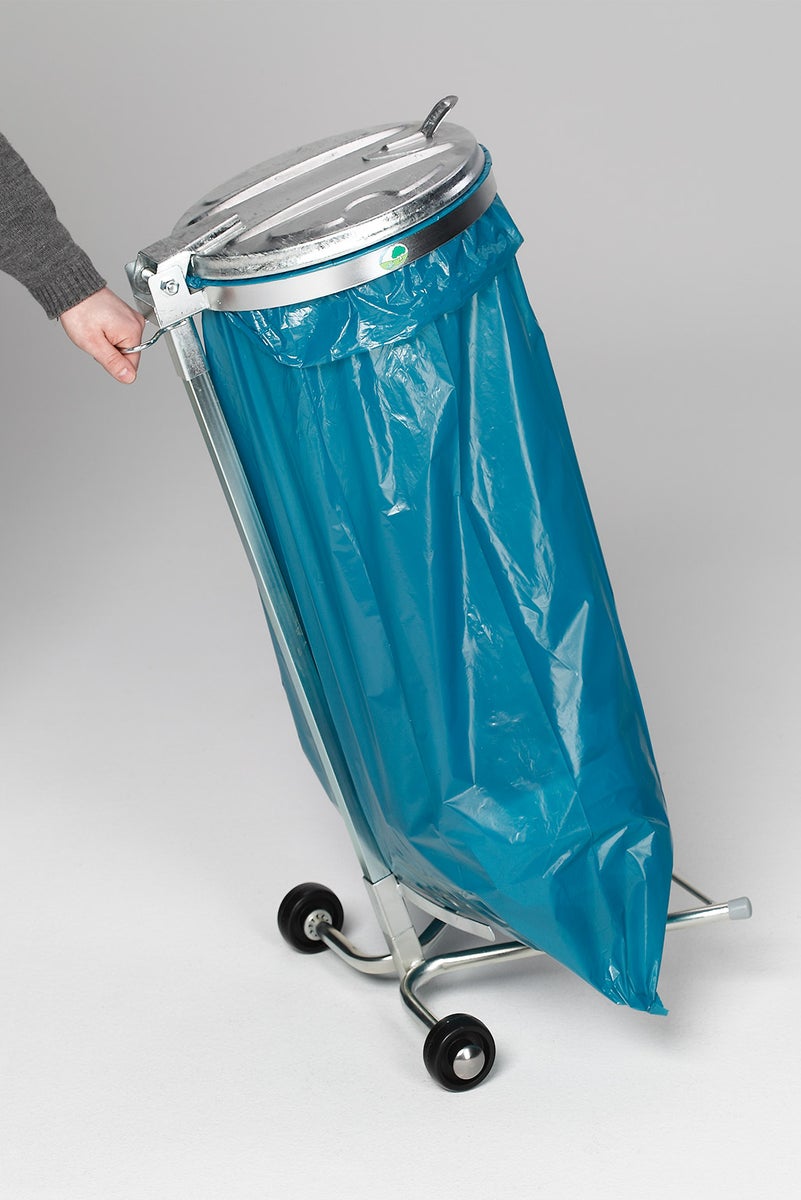 PROREGAL Robuuste enkele afvalbak met metalen deksel, standaard, 2 wielen, 35 cm opening, HxBxD 98 x 45 x 37,5 cm, gegalvaniseerd staal