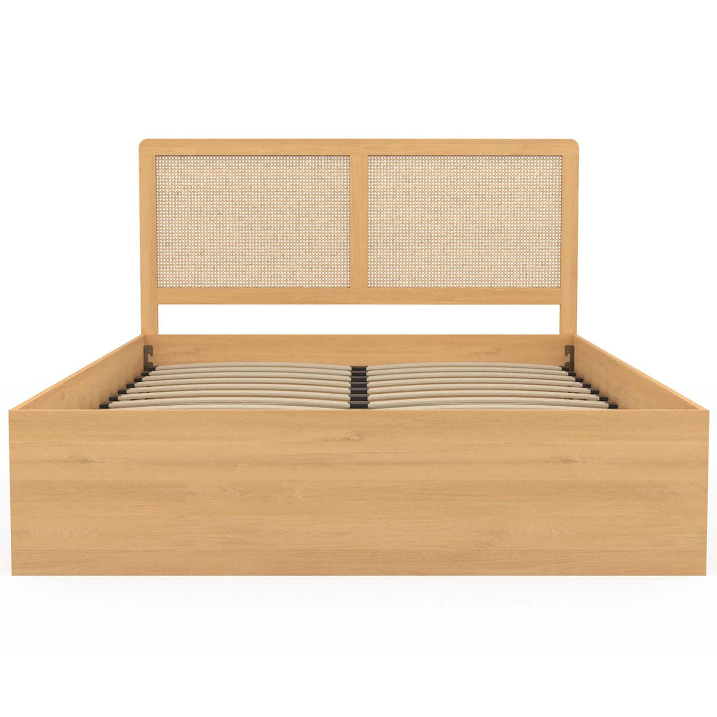 Lit coffre double EDHEN avec tête de lit cannage et sommier 140 x 190 cm coloris bois