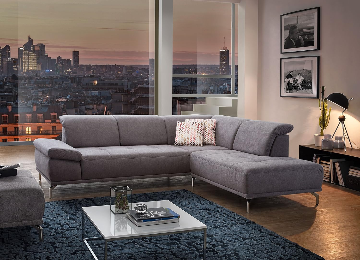 Cavadore Ecksofa Carly mit Federkern, L-Form Sofa mit Kopfteilfunktion und Sitztiefenfunktion im Design, 273 x 81 x 234, Webstoff grau