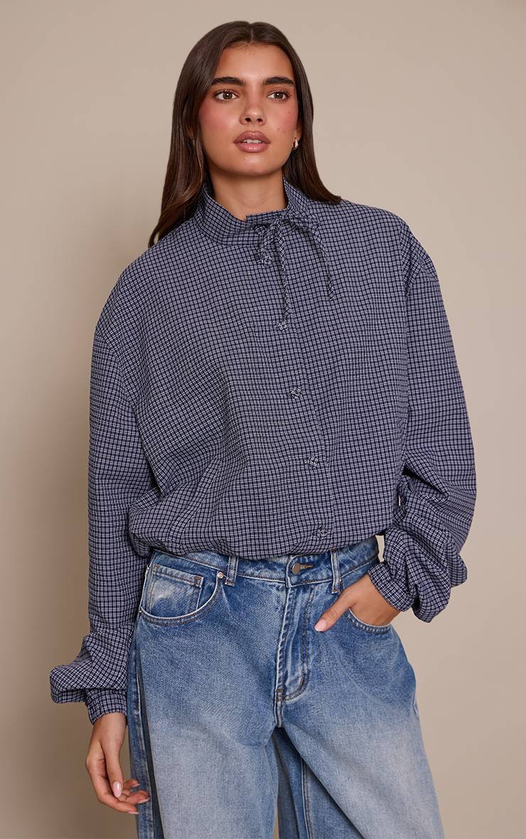 Bleu Chemise À Carreaux À Manches Longues Avec Col Montant Et Détail Nœud