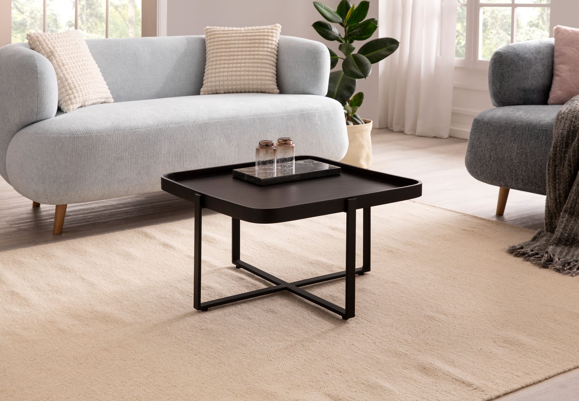 Couchtisch FineBuy Sofatisch Massivholz Schwarz 65x65x35cm Wohnzimmertisch Eckig