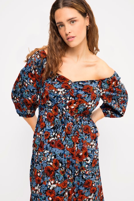 Midikleid, A-Line, Print, herzförmiger Ausschnitt, 3/4-Ärmel