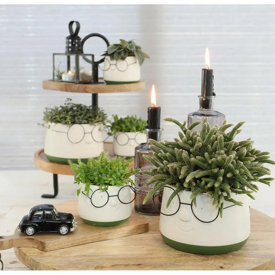 Ideas4seasons Plantenpot ribbel bril - wit/groen - D14 x H11 cm