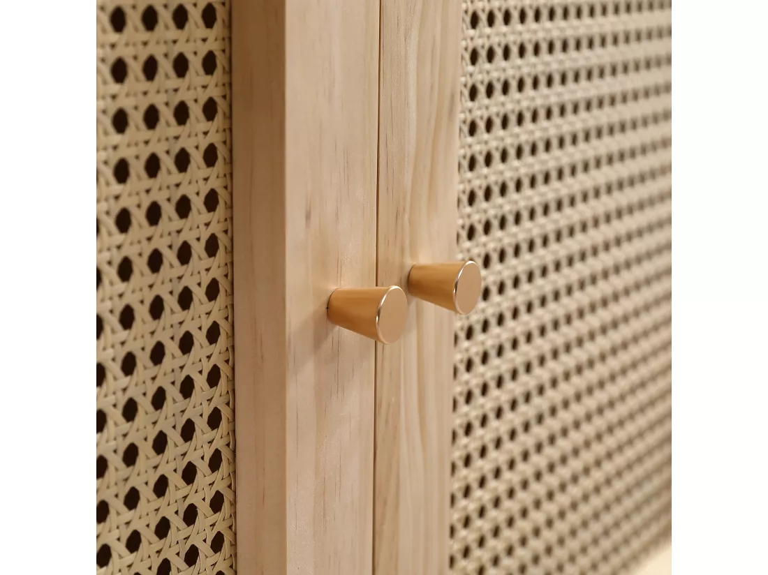 Armoire avec tringle - 2 portes grillagées en rotin et 1 compartiment abattant - Naturel
