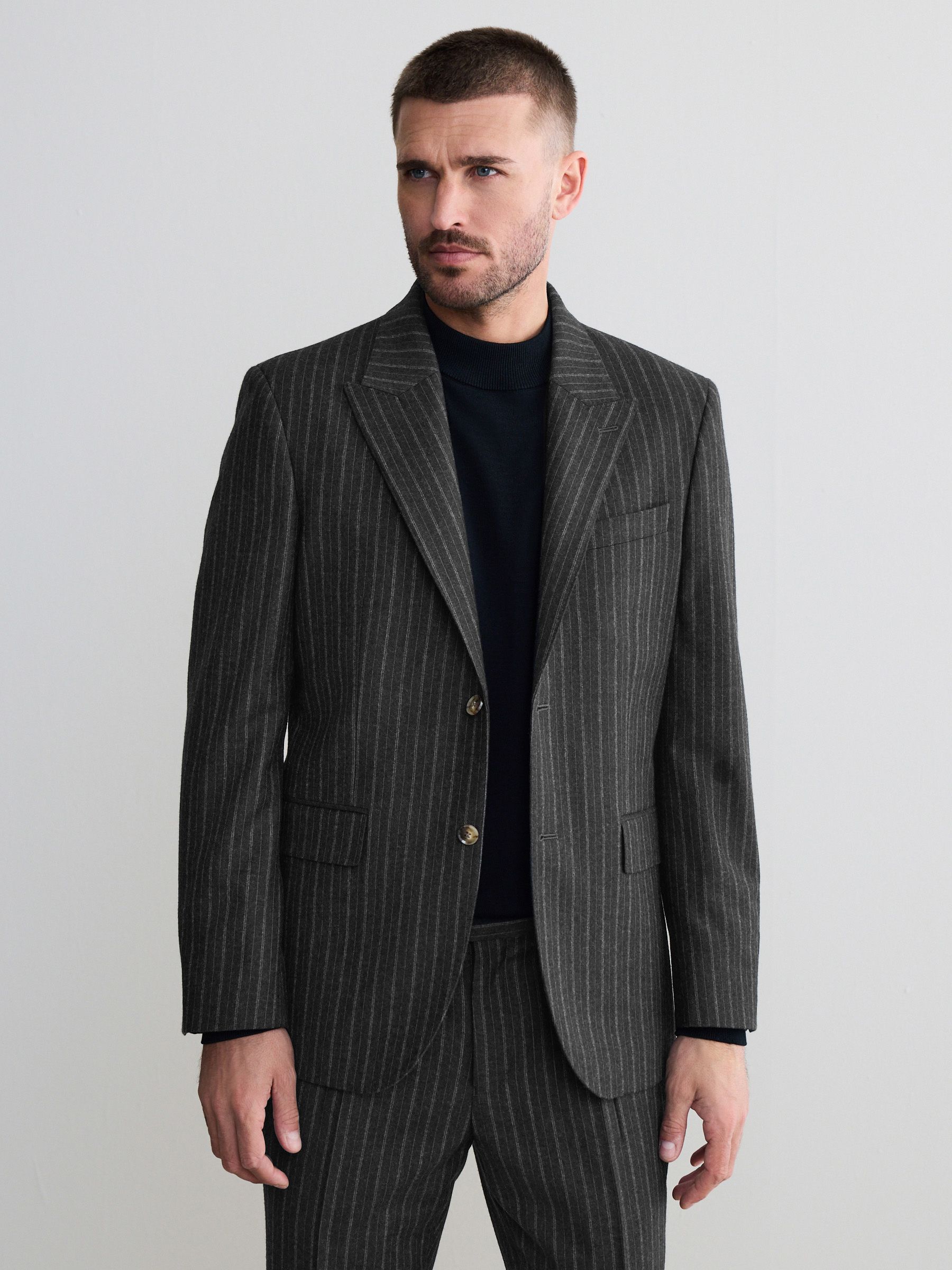 Antraciet - Tailored Fit Signature Empire Mills 100% British Wool Stripe Suit Jacket