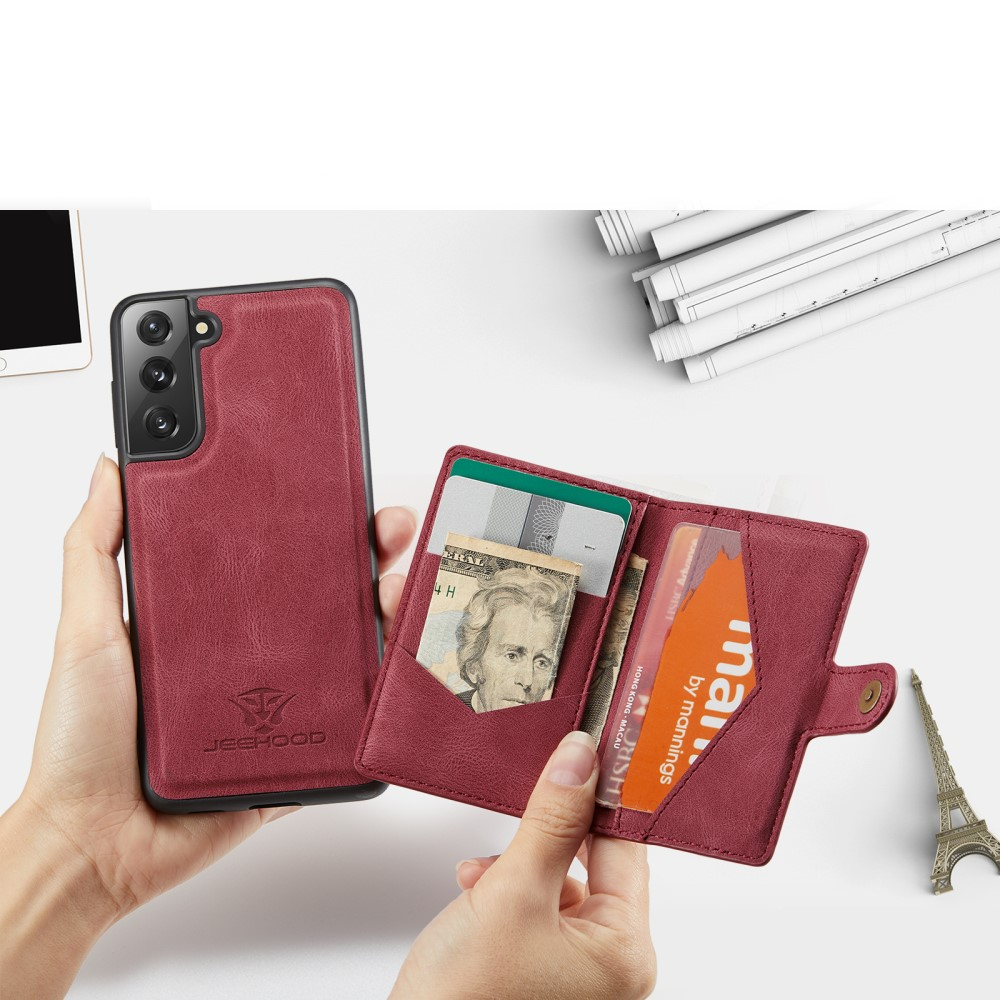 2in1 Samsung Galaxy S21 FE 5G Leder Hülle Wallet   Magnetisches Kreditkartenfach - Rot