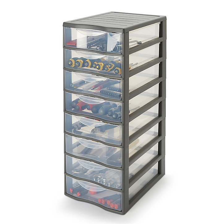 Tour en plastique 8 tiroirs Kontor gris H. 68 x L. 36,5 x P. 26 cm