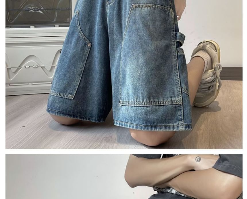 Femilina - Mid Rise Washed Cargo Denim Shorts
