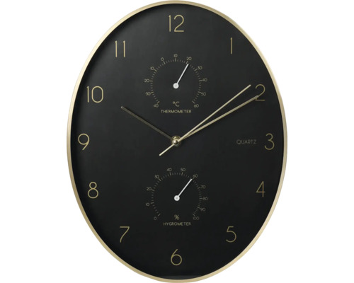 Wandklok met thermometer en hygrometer, zwart en goud, 34,5 x 27,1 cm