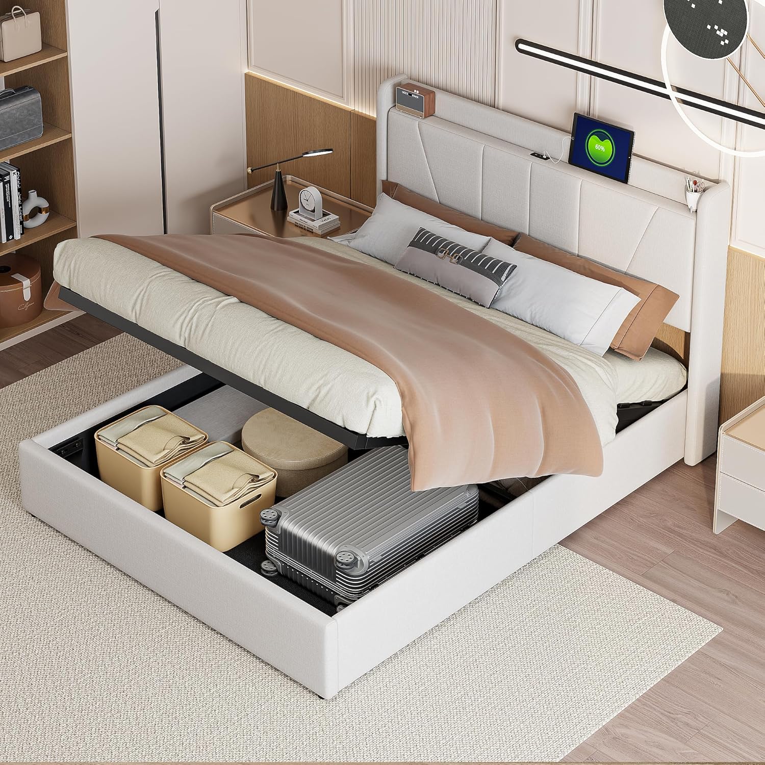 Polsterbett 160x200 mit Stauraum, Hydraulisch Stauraumbett, Doppelbett mit USB und kopfteil, Bettgestell mit Lattenrost, Bettrahmen für Erwachsene, Leinen (Beige, 160 x 200 cm)