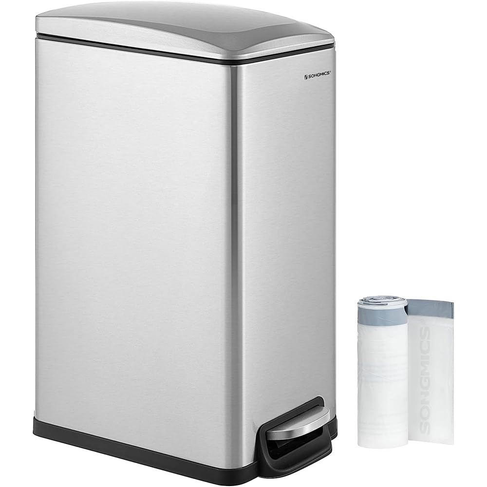 SONGMICS Poubelle de Cuisine 48L, Poubelle à Pédale, Fine, pour Petits Espaces, Couvercle à Fermeture en Douceur, avec Seau Intérieur, en Acier Inoxydable, 15 Sacs Poubelle Inclus, Argent LTB510E48 : Cuisine et Maison