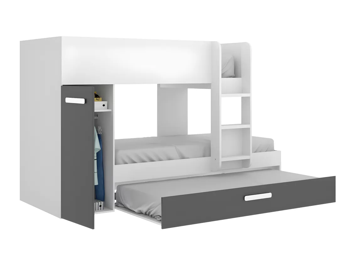 Lits superposés avec tiroir lit gigogne et rangements 3 x 90 x 190 cm - Anthracite et Blanc + matelas - ANTHONY
