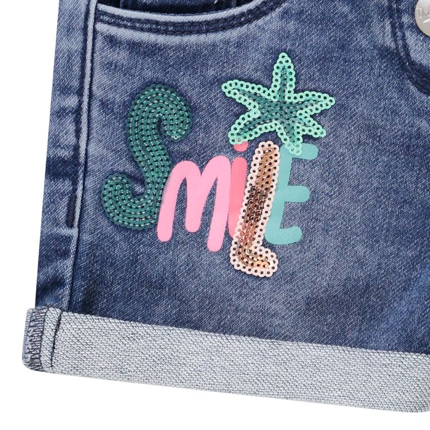 Short effet jean délavé avec print et sequins pour fille - Bleu
