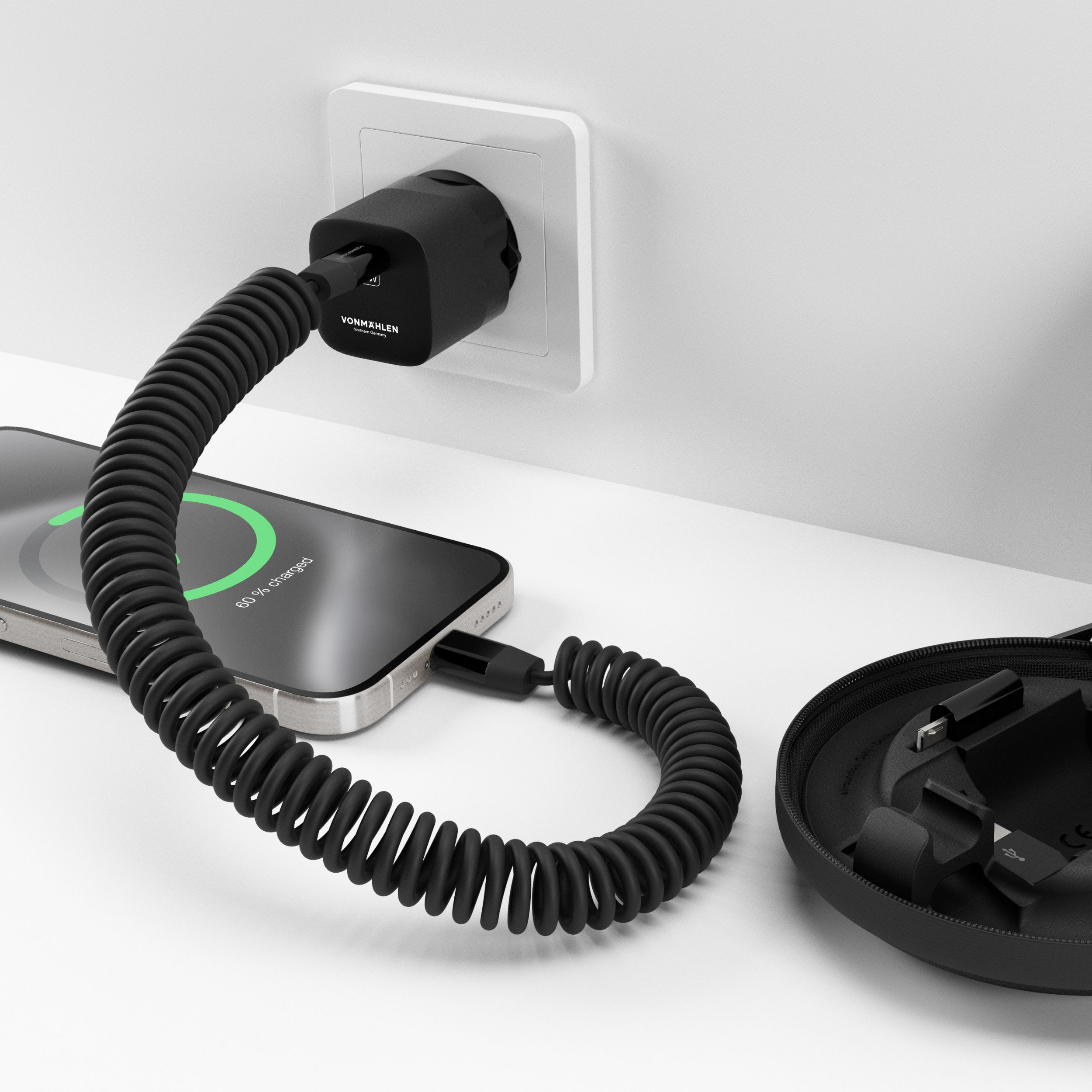 Allroundo® GaN (30W) 6in1 USB C / USB A Ladegerät Netzteil PD   USB C auf USB C / Lightning / Micro USB Spiralkabel Ladekabel (ACG00002) - Schwarz