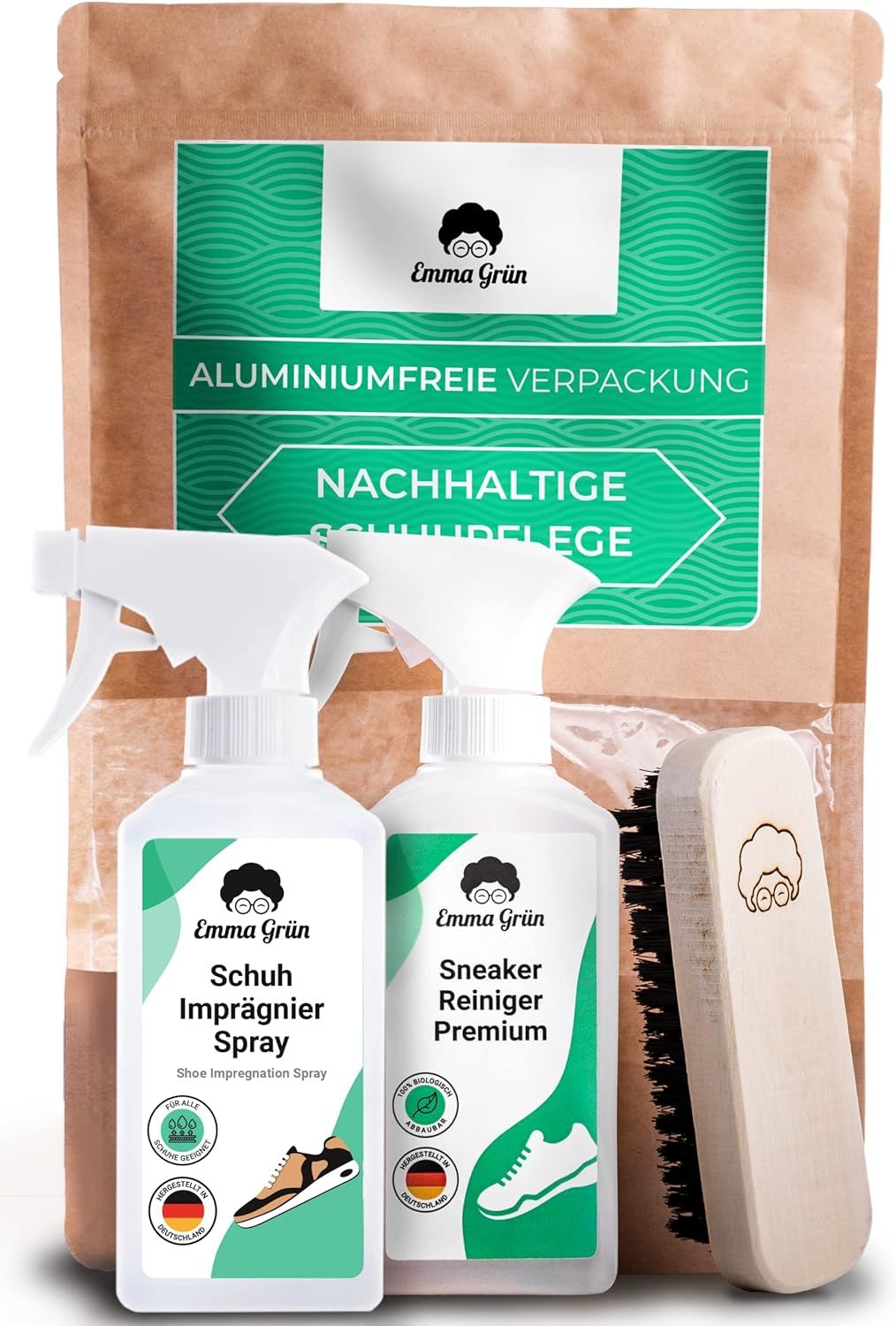 Emma Grün® Schuh-Reinigungsset mit Sneaker Reiniger & Imprägnierspray inkl. Schuhbürste