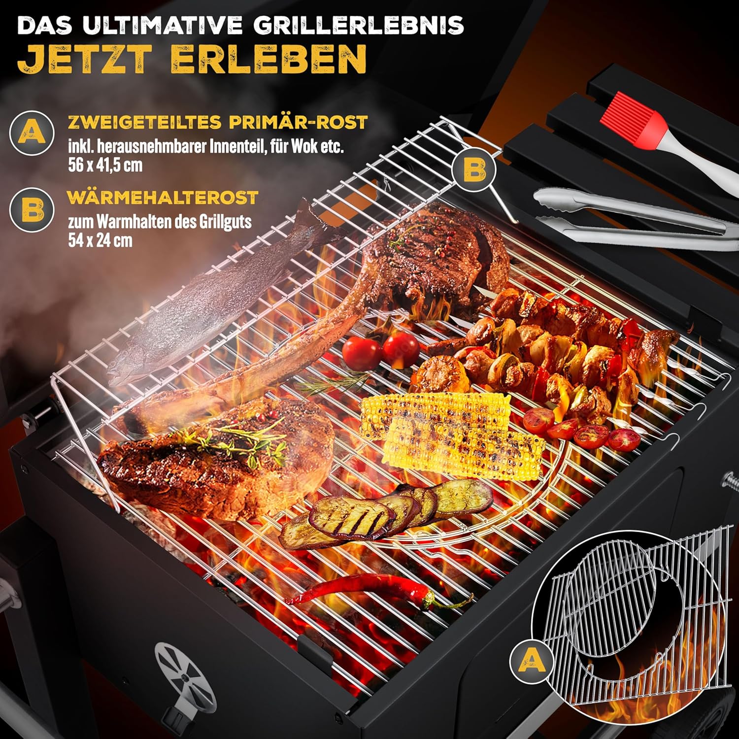 KESSER® Grillwagen BBQ Smoker XL Holzkohlegrill mit Deckel, Rädern, Edelstahl-Griff, Thermometer, Grillrost, Bürste, Abdeckhaube & Silikon-Pinsel, Standgrill, Kohlegrillwagen
