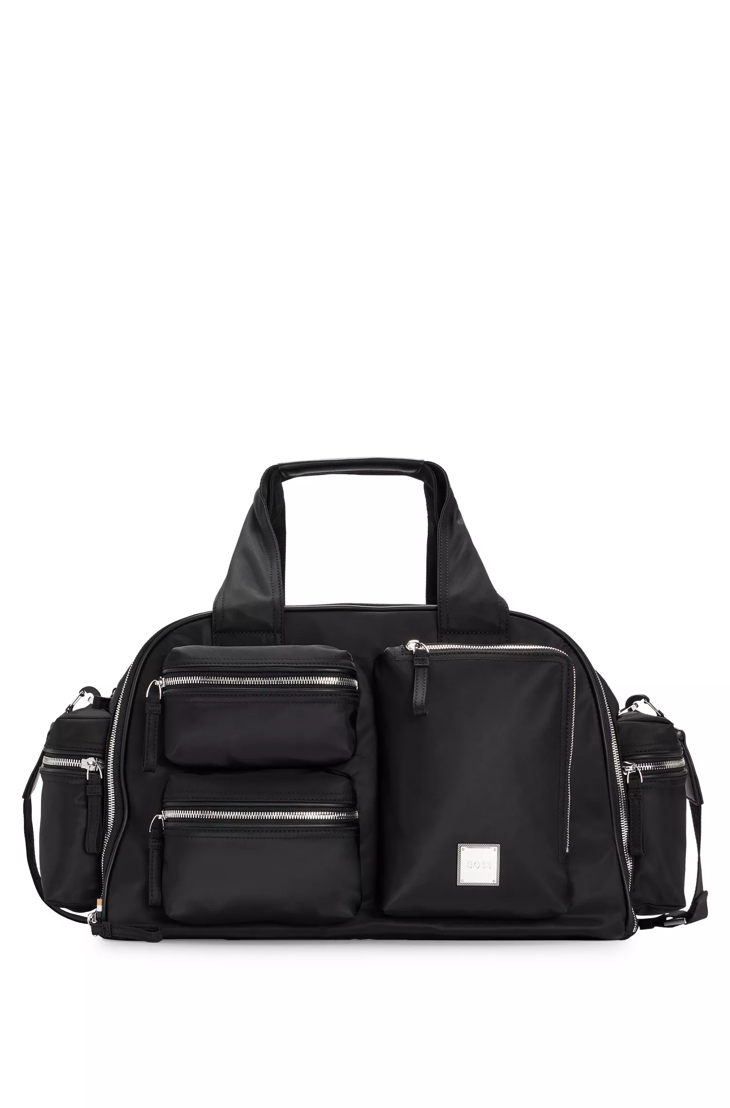 Bolsa de viagem BOSS preta com vários bolsos e placa com o logotipo polido.