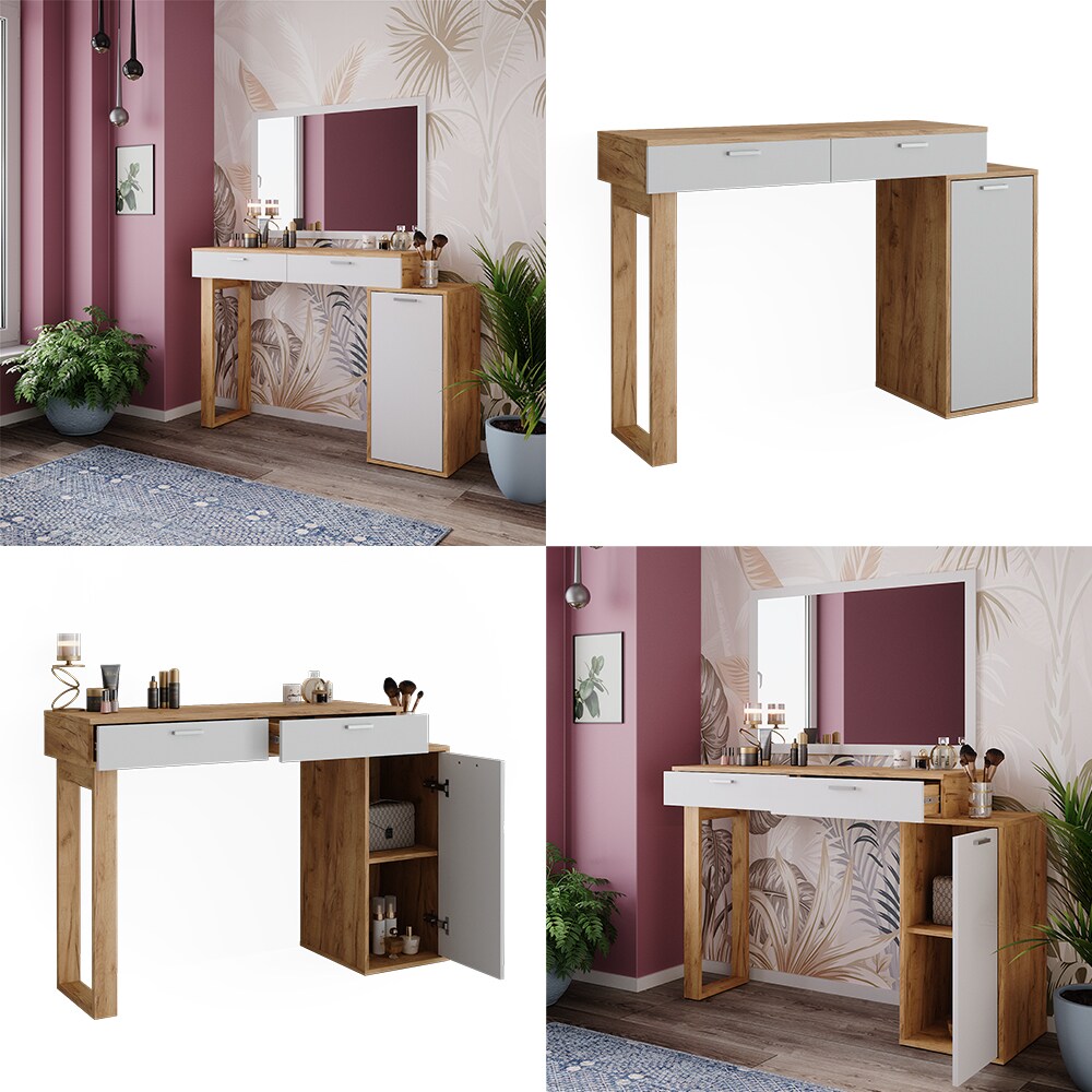Vicco Schminktisch Regina Eiche Weiß 130 cm mit 2 Schubladen ohne Spiegel