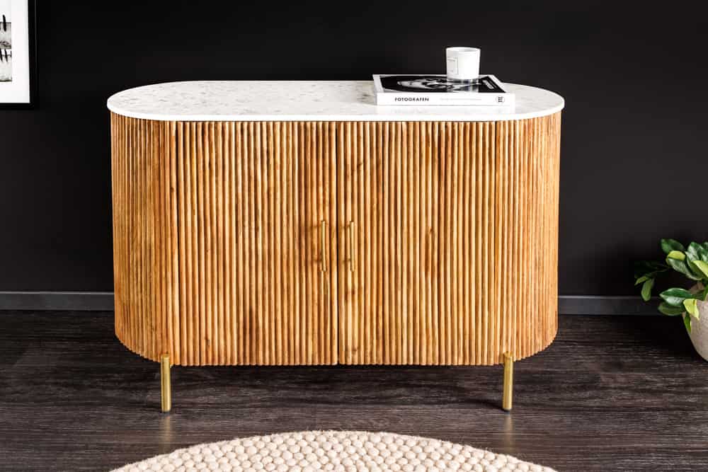 Massives Sideboard TRES CHIC 105cm natur Mangoholz weiß Marmor gold Metall